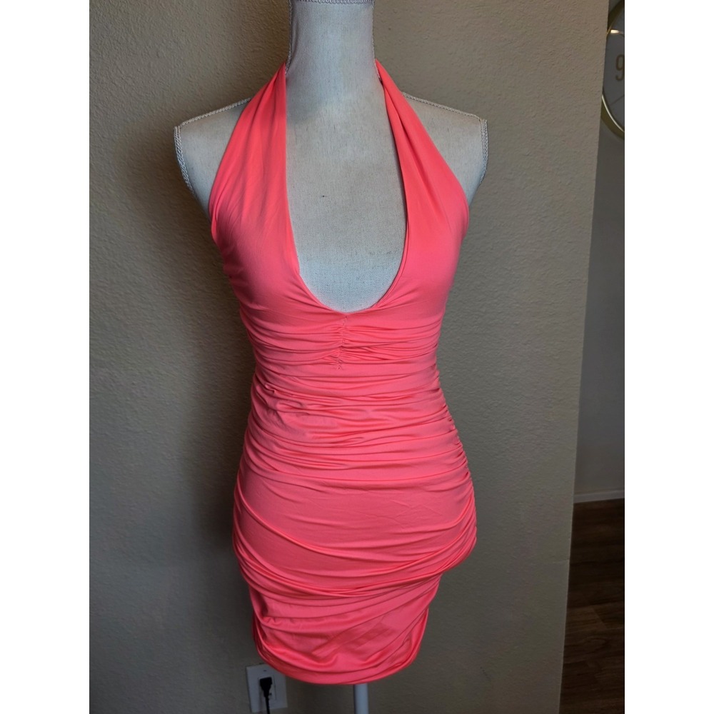Neon Pink Mini Dress Size Small Halter Top Bodycon Rouched Concert Clubbing
